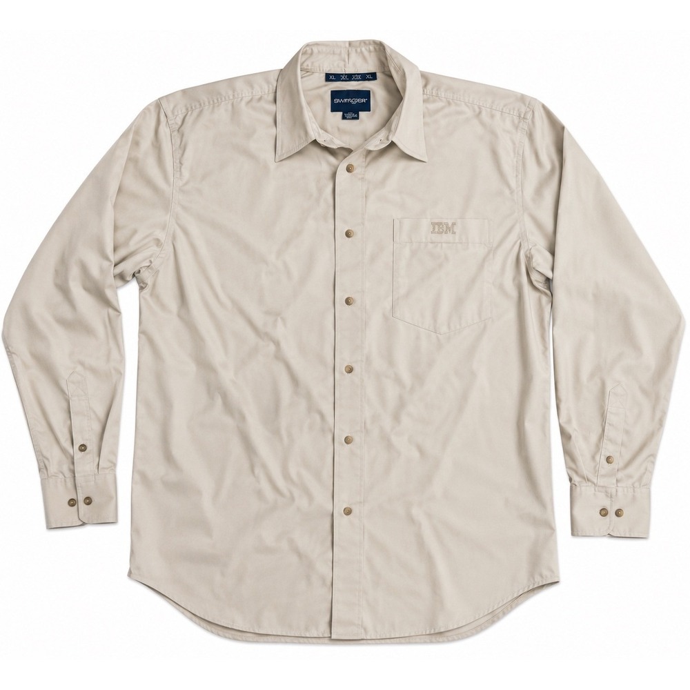 Swingster IBM Logo Shirt Men XL Tan Khaki Wrinkle Free Cotton Long Sleeve Button